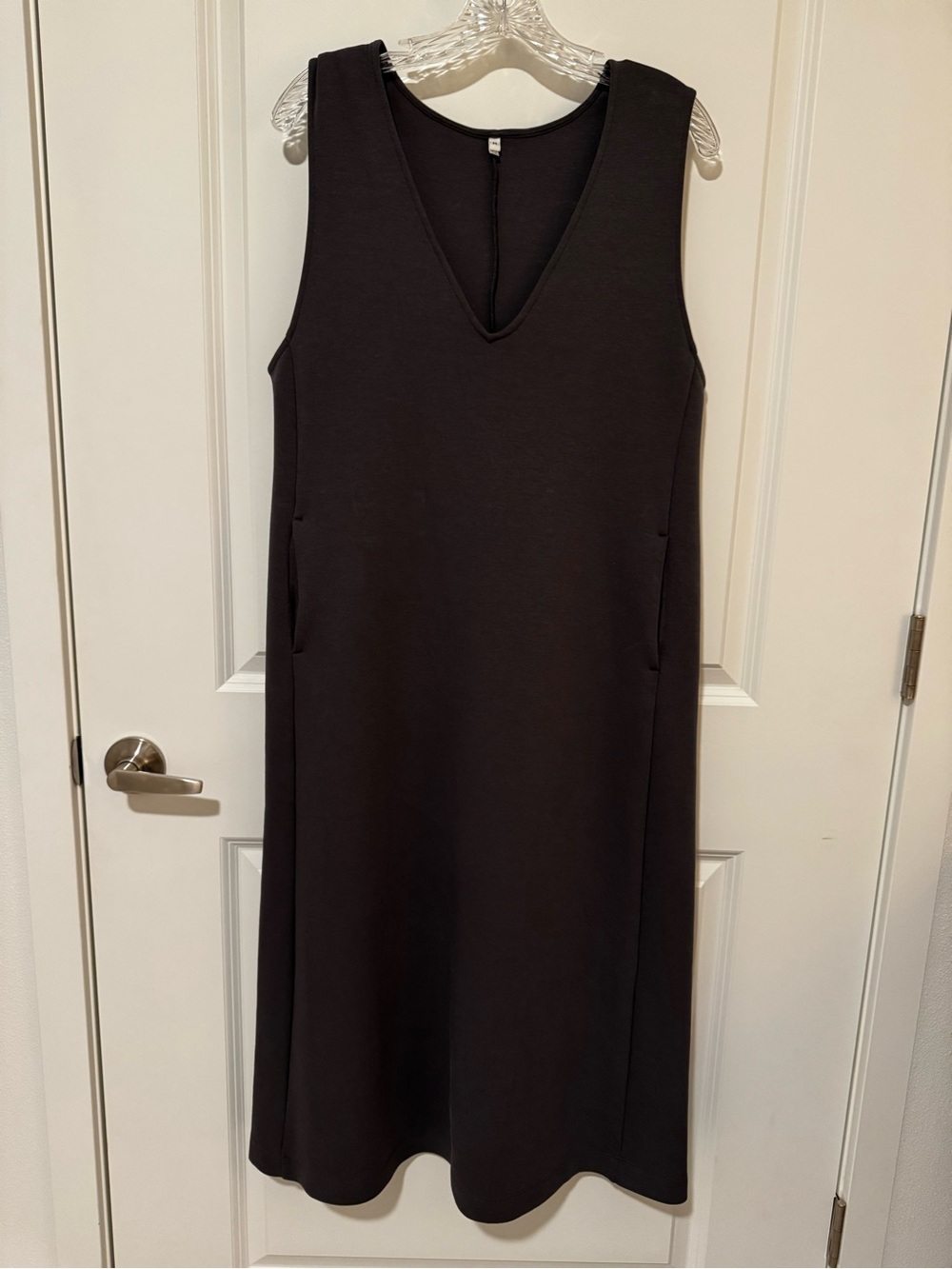 Muji Sleeveless V-Neck Shift Dress in dark gray